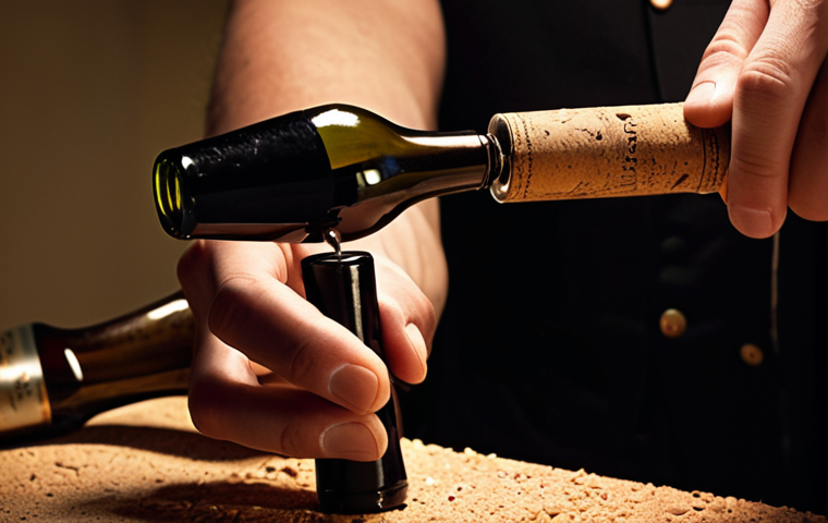 **
A sommelier expertly using a "waiter's friend" corkscrew to open a bottle of vintage wine, close-up on the cork extraction, highlighting the delicate touch needed to avoid damaging the cork. Soft, warm lighting.
**