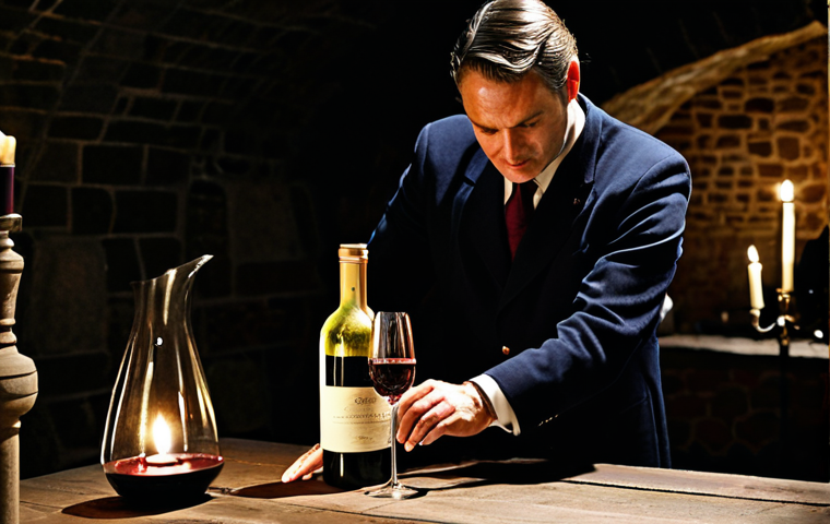 **

A wine connoisseur carefully decanting a bottle of aged red wine in a dimly lit cellar. The scene includes a crystal decanter, a lit candle to illuminate the sediment, and wine glasses. The person is fully clothed in appropriate attire, perhaps a sommelier's uniform or smart casual wear. Safe for work, appropriate content, fully clothed, professional, perfect anatomy, natural proportions, professional photography, high quality.

**